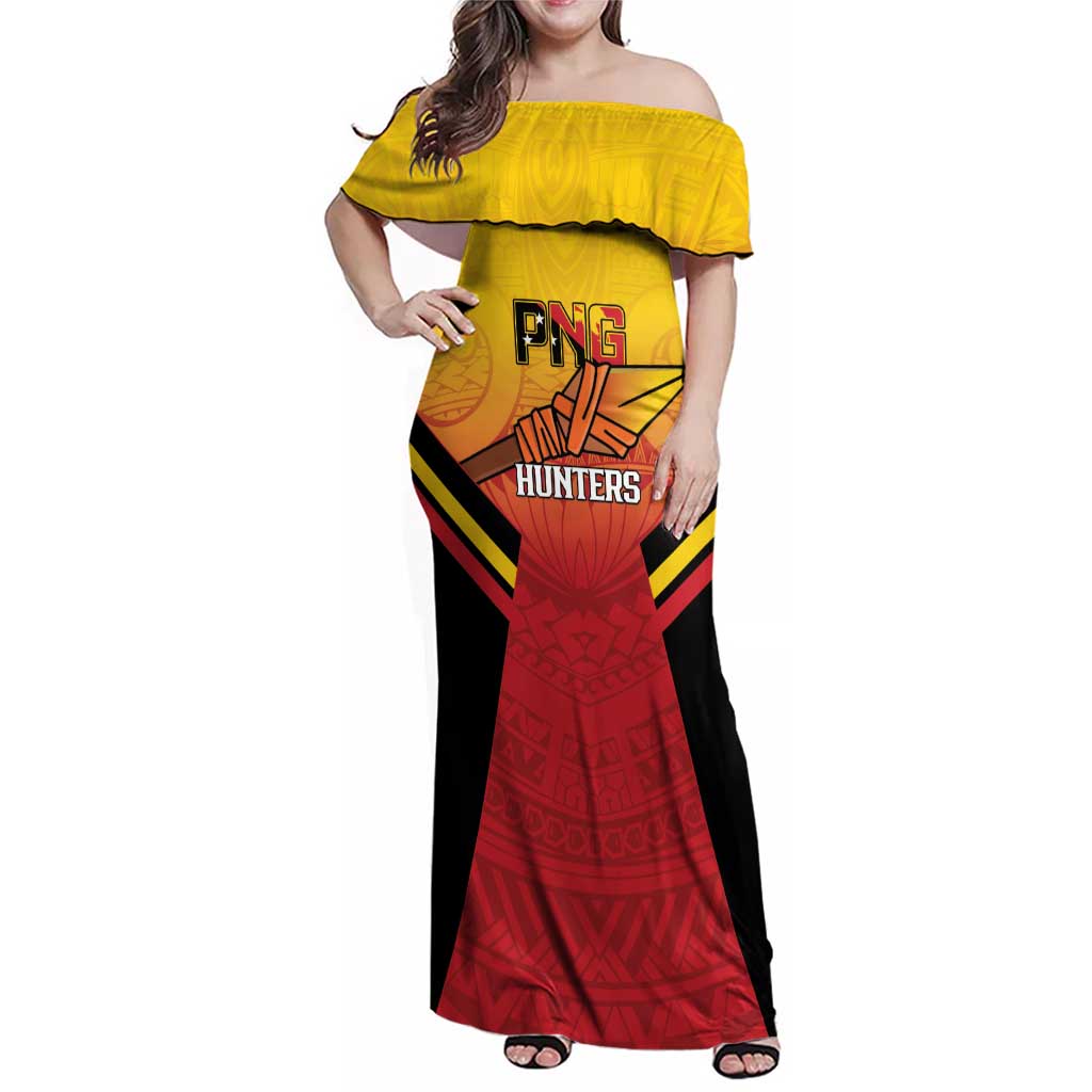 Papua New Guinea Rugby Custom Family Matching Off Shoulder Maxi Dress and Hawaiian Shirt Go PNG Hunters Polynesian Pattern - Polynesian Pride