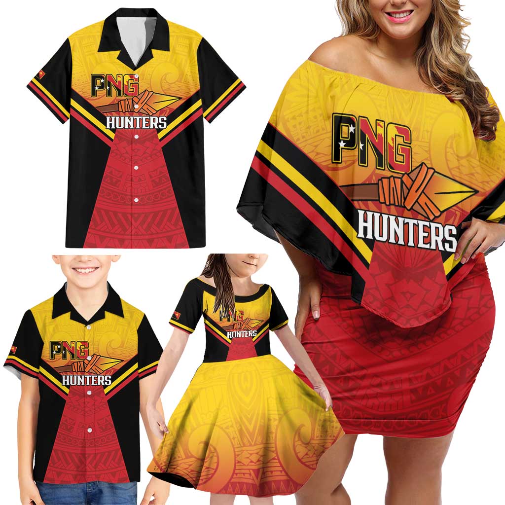 Papua New Guinea Rugby Custom Family Matching Off Shoulder Short Dress and Hawaiian Shirt Go PNG Hunters Polynesian Pattern - Polynesian Pride