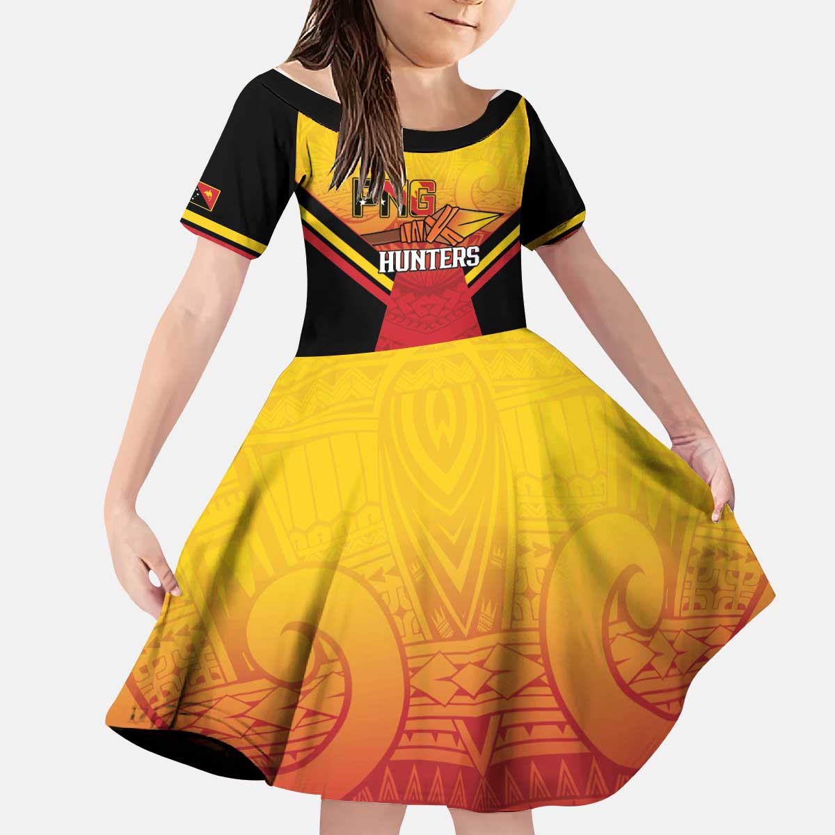 Papua New Guinea Rugby Custom Kid Short Sleeve Dress Go PNG Hunters Polynesian Pattern - Polynesian Pride