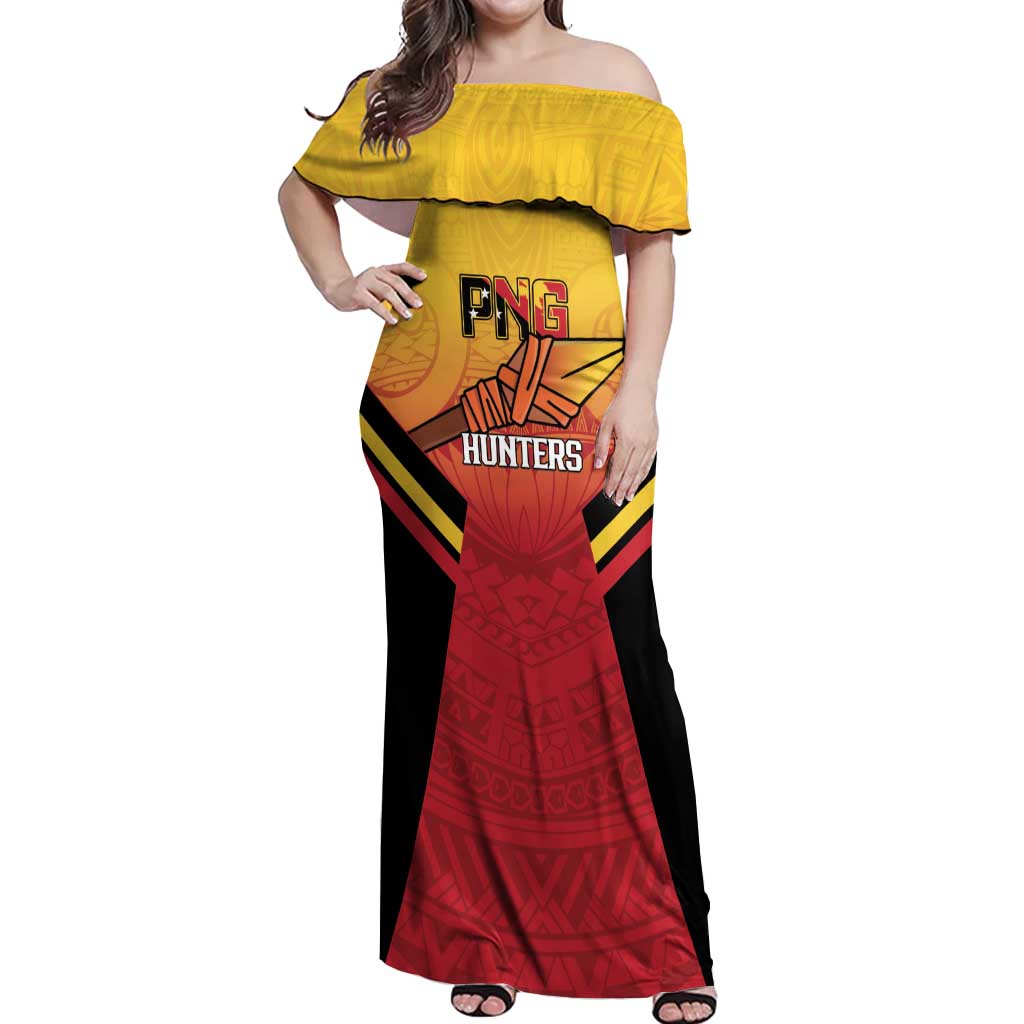 Papua New Guinea Rugby Custom Off Shoulder Maxi Dress Go PNG Hunters Polynesian Pattern - Polynesian Pride