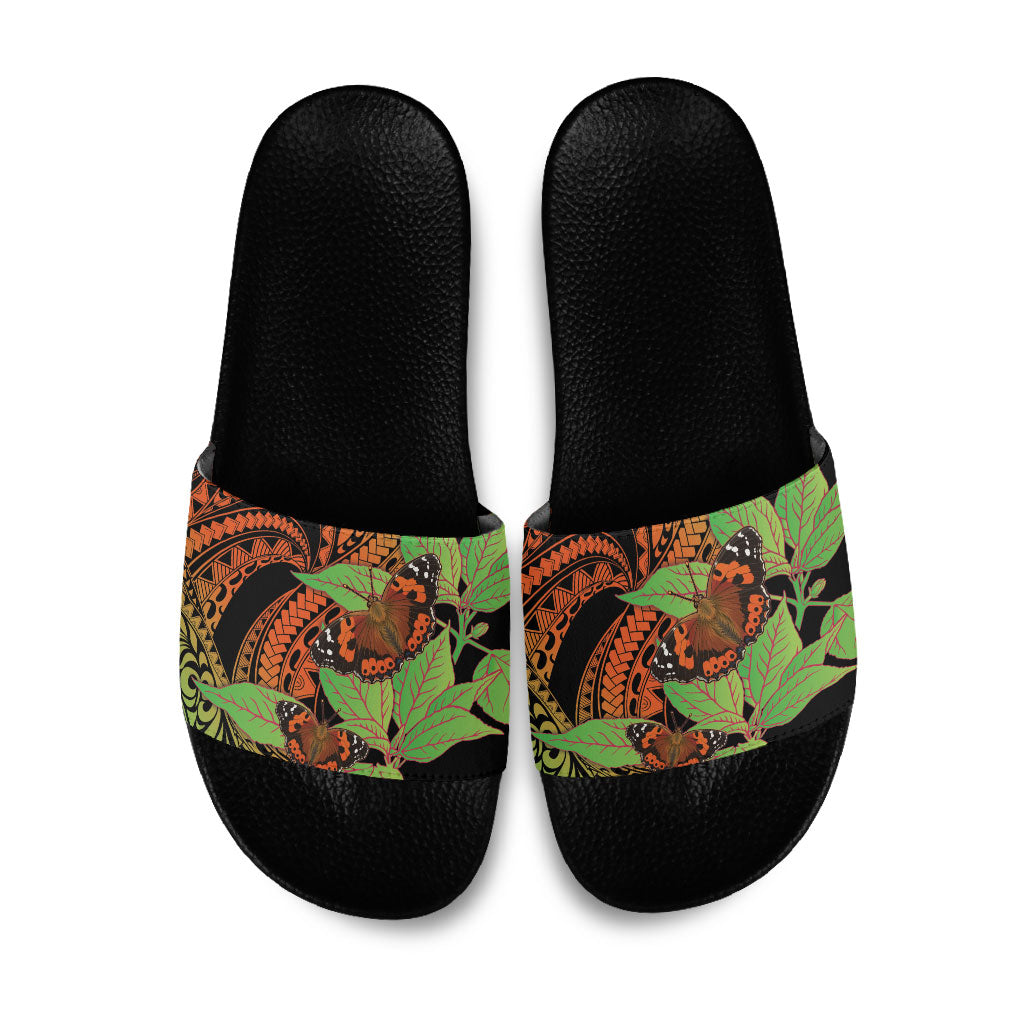 Kamehameha Butterfly Hawaii Slide Sandals Hawaiian Pulelehua Mamaki Orange Green Color LT14 Multicolor - Polynesian Pride