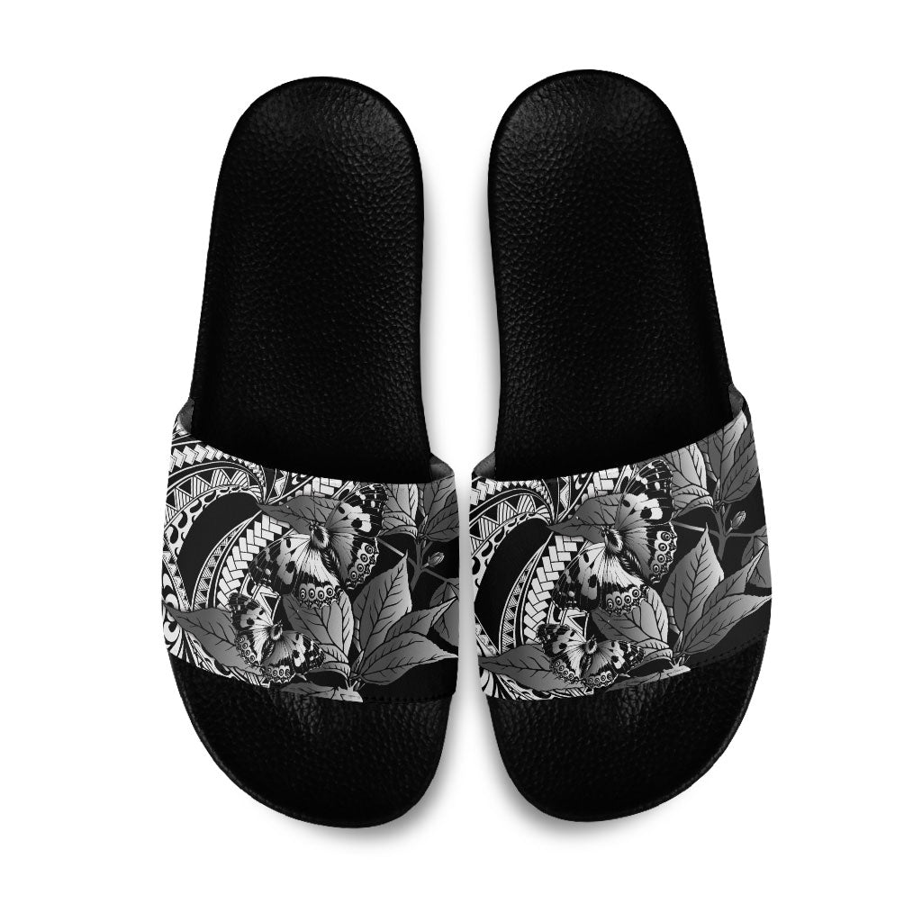 Kamehameha Butterfly Hawaii Slide Sandals Hawaiian Pulelehua Mamaki Black Color LT14 Black - Polynesian Pride