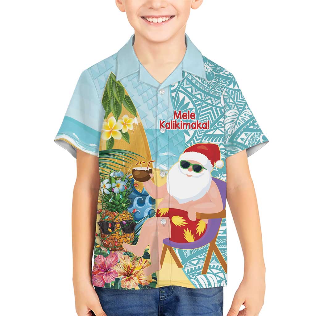 Aloha Hawaii Mele Kalikimaka Kid Hawaiian Shirt Chilling Santa With Pineapple - Polynesian Pattern LT14 Kid Cyan - Polynesian Pride