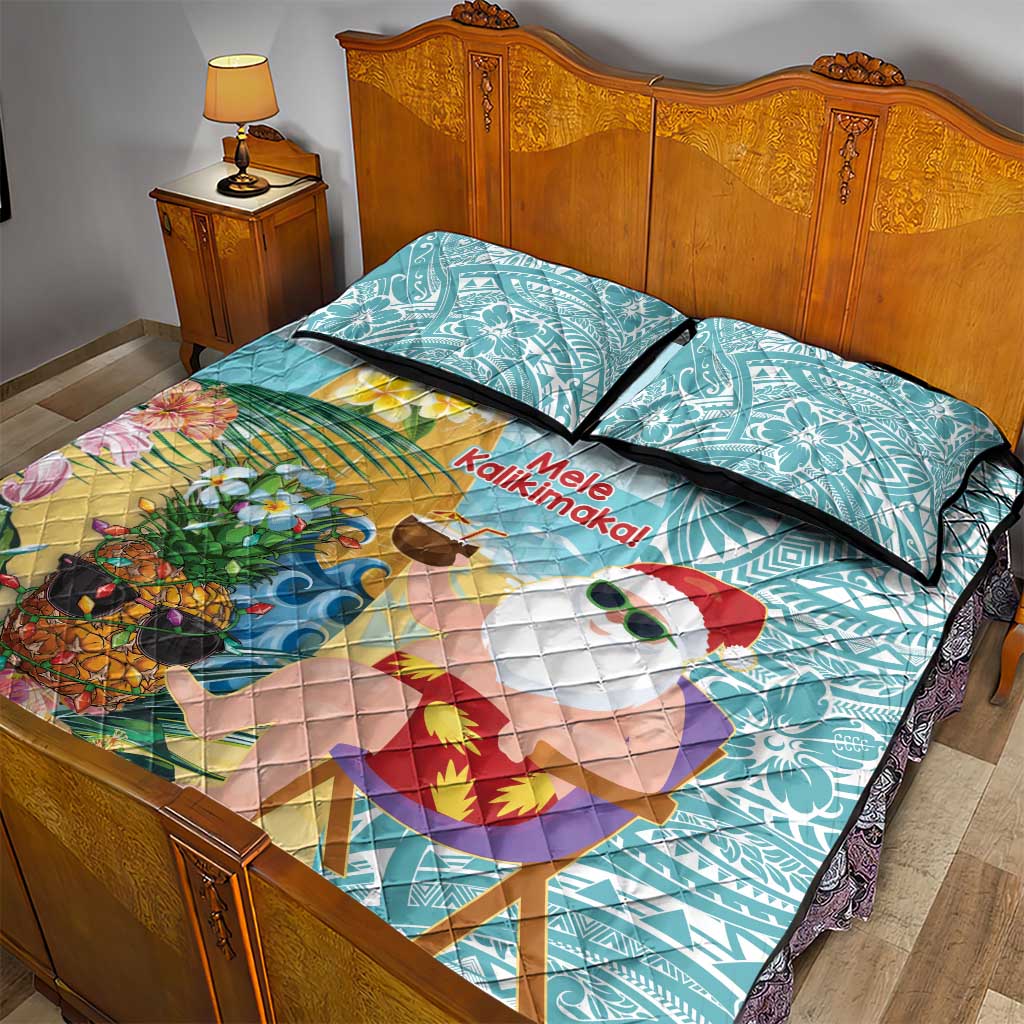 Aloha Hawaii Mele Kalikimaka Quilt Bed Set Chilling Santa With Pineapple - Polynesian Pattern