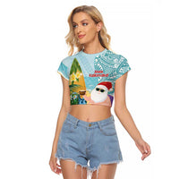 Aloha Hawaii Mele Kalikimaka Raglan Cropped T Shirt Chilling Santa With Pineapple - Polynesian Pattern LT14 Female Cyan - Polynesian Pride