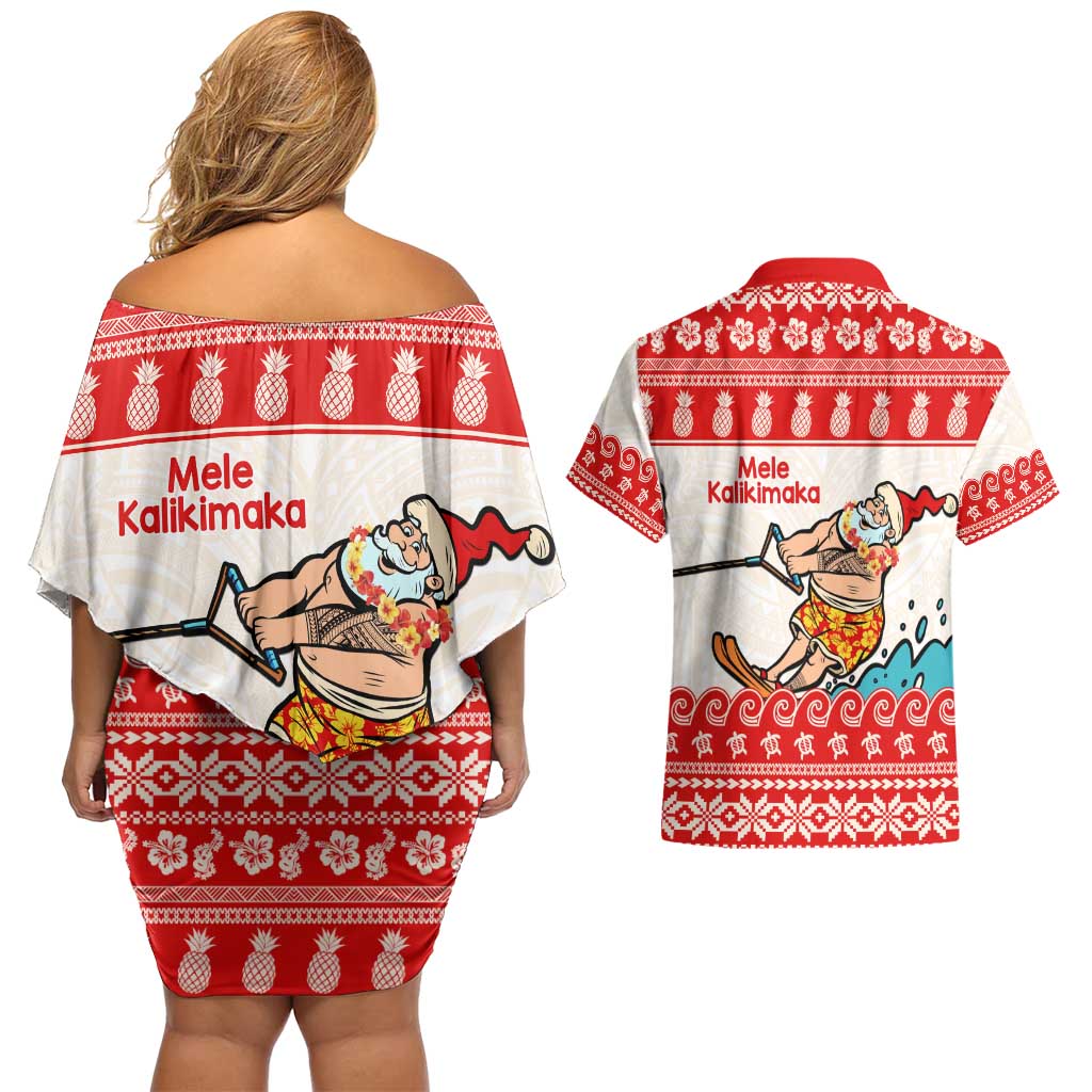 Mele Kalikimaka Hawaii Couples Matching Off Shoulder Short Dress and Hawaiian Shirt Water-skiing Santa Tropical Vibes