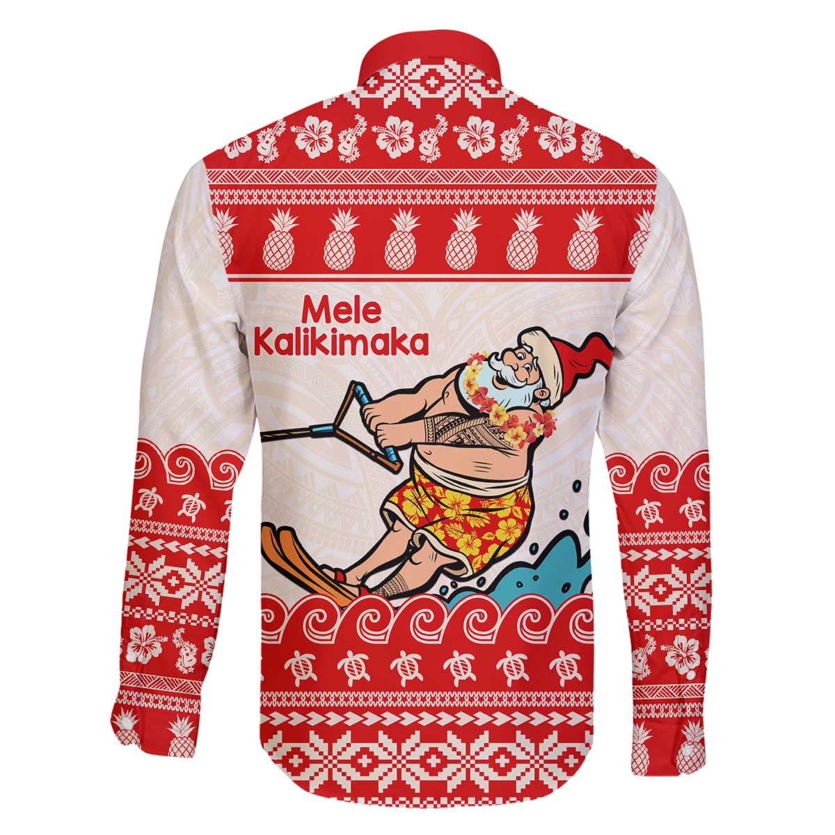 Mele Kalikimaka Hawaii Family Matching Off The Shoulder Long Sleeve Dress and Hawaiian Shirt Water-skiing Santa Tropical Vibes