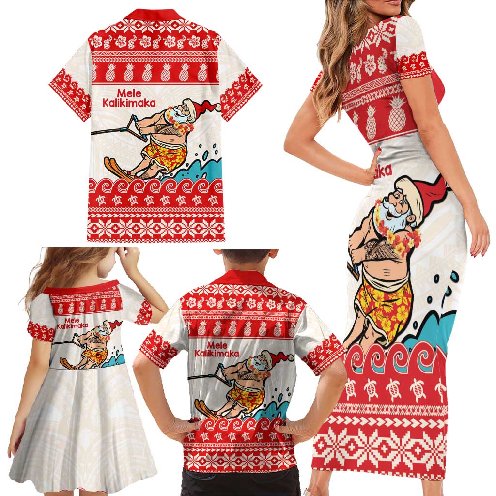 Mele Kalikimaka Hawaii Family Matching Short Sleeve Bodycon Dress and Hawaiian Shirt Water-skiing Santa Tropical Vibes