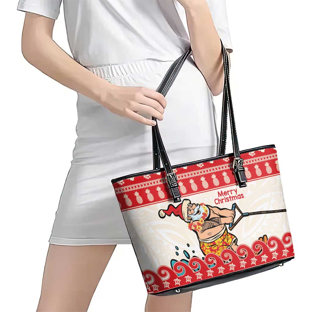 Mele Kalikimaka Hawaii Leather Tote Bag Water-skiing Santa Tropical Vibes