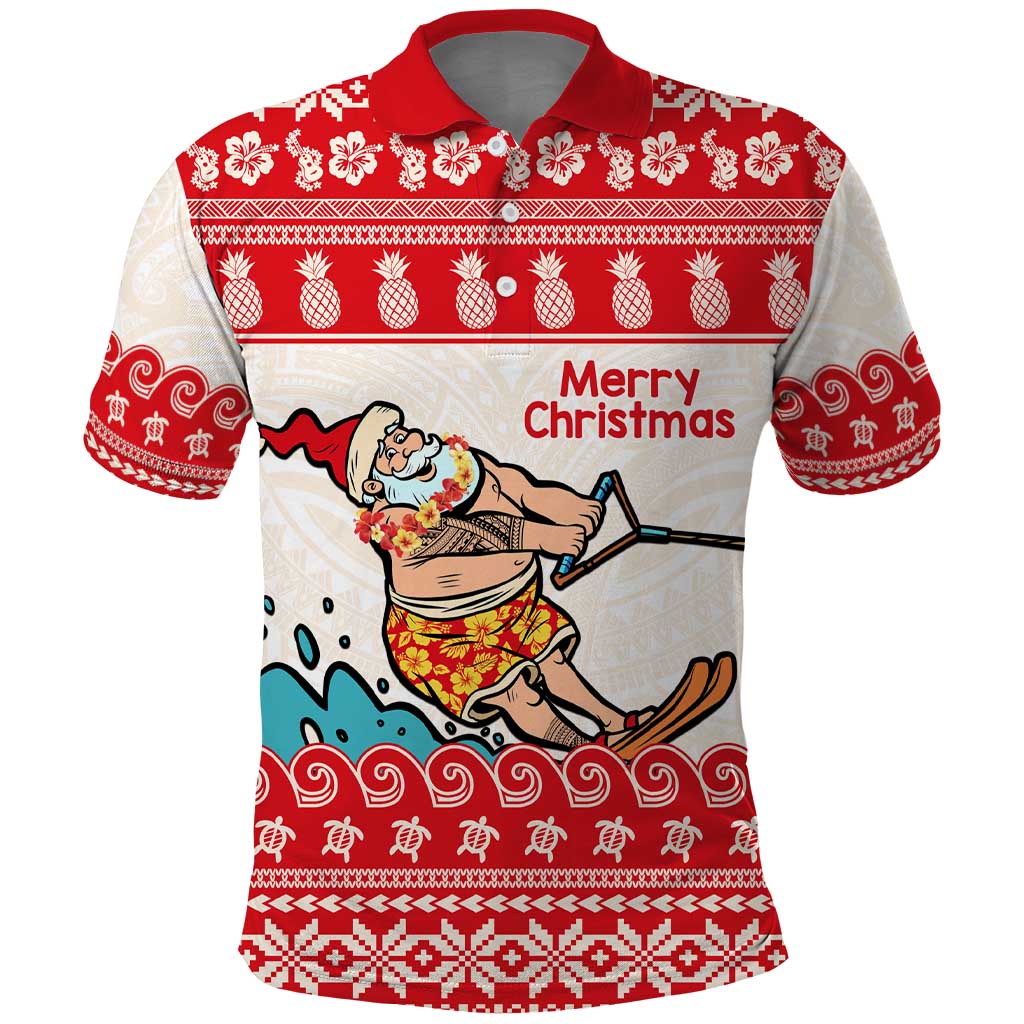 Mele Kalikimaka Hawaii Polo Shirt Water-skiing Santa Tropical Vibes LT14 Red - Polynesian Pride