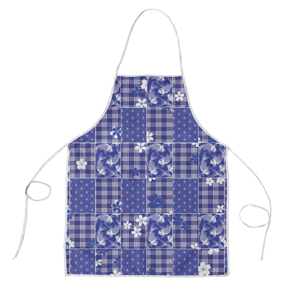 Blue Palaka Japanese Patterns Apron Koi Fish Asanoha Sakura Patchwork Stylized - Polynesian Pride
