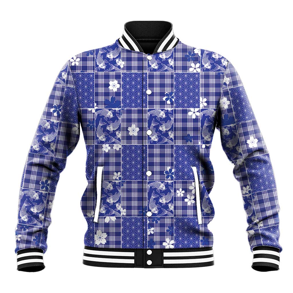 Blue Palaka Japanese Patterns Baseball Jacket Koi Fish Asanoha Sakura Patchwork Stylized - Polynesian Pride