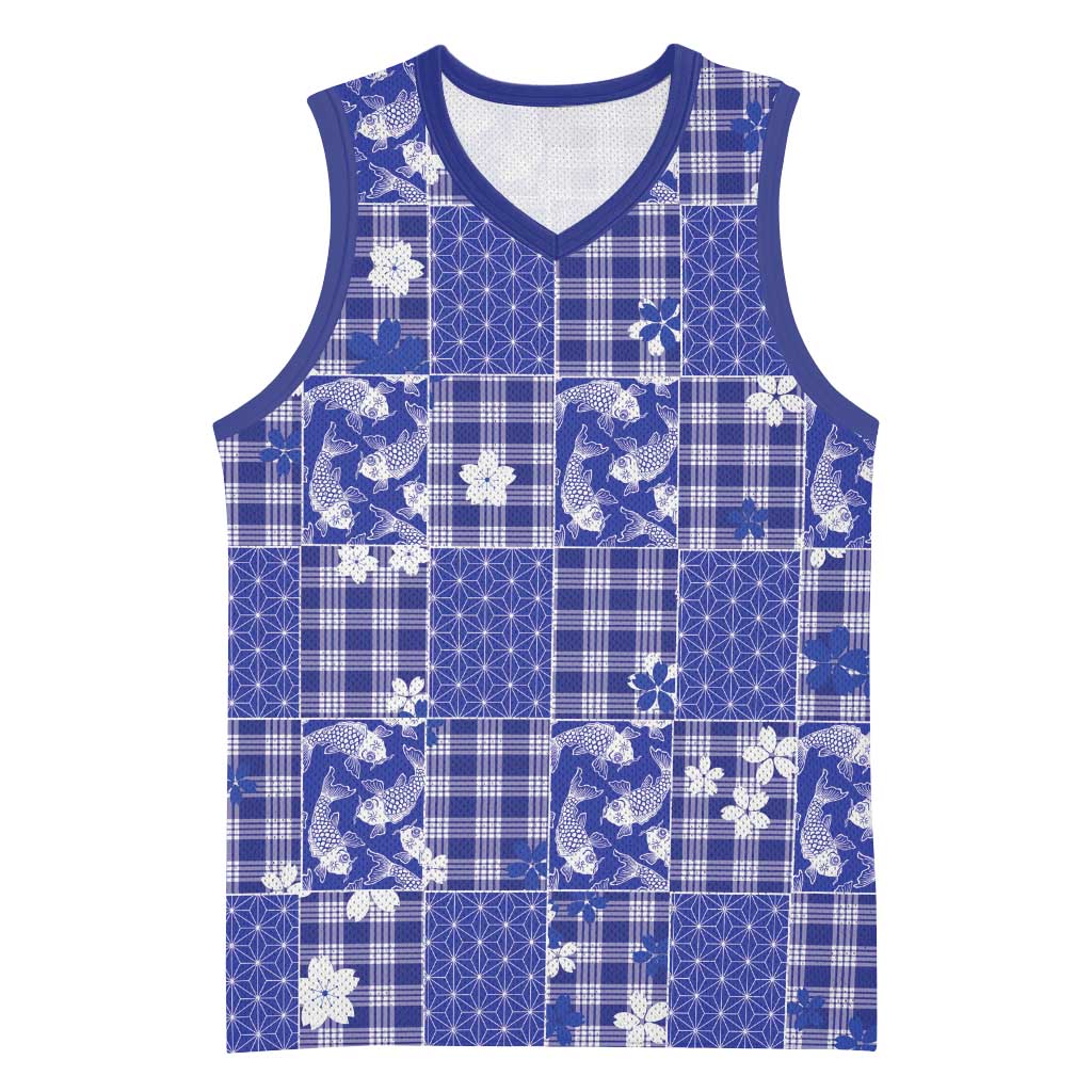 Blue Palaka Japanese Patterns Basketball Jersey Koi Fish Asanoha Sakura Patchwork Stylized - Polynesian Pride