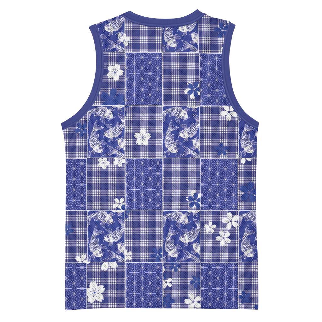 Blue Palaka Japanese Patterns Basketball Jersey Koi Fish Asanoha Sakura Patchwork Stylized - Polynesian Pride