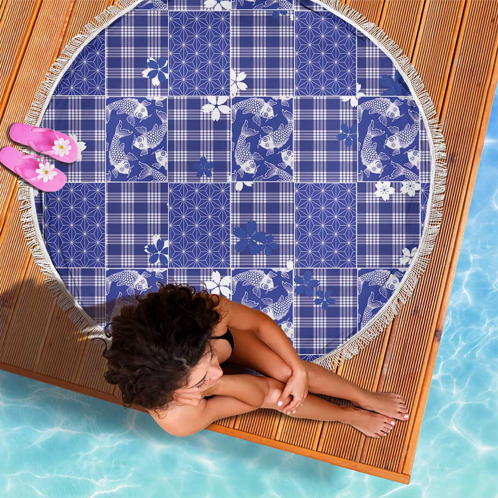 Blue Palaka Japanese Patterns Beach Blanket Koi Fish Asanoha Sakura Patchwork Stylized - Polynesian Pride