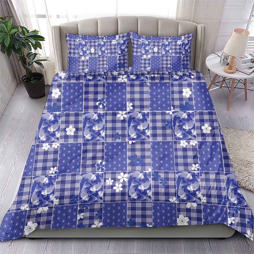 Blue Palaka Japanese Patterns Bedding Set Koi Fish Asanoha Sakura Patchwork Stylized - Polynesian Pride