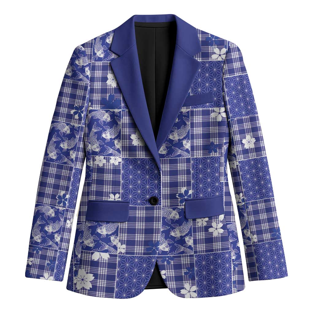 Blue Palaka Japanese Patterns Blazer Koi Fish Asanoha Sakura Patchwork Stylized - Polynesian Pride