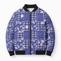 Blue Palaka Japanese Patterns Bomber Puffer Jacket Koi Fish Asanoha Sakura Patchwork Stylized - Polynesian Pride