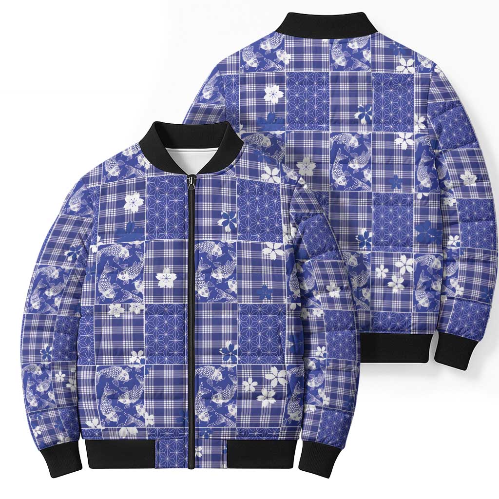 Blue Palaka Japanese Patterns Bomber Puffer Jacket Koi Fish Asanoha Sakura Patchwork Stylized - Polynesian Pride