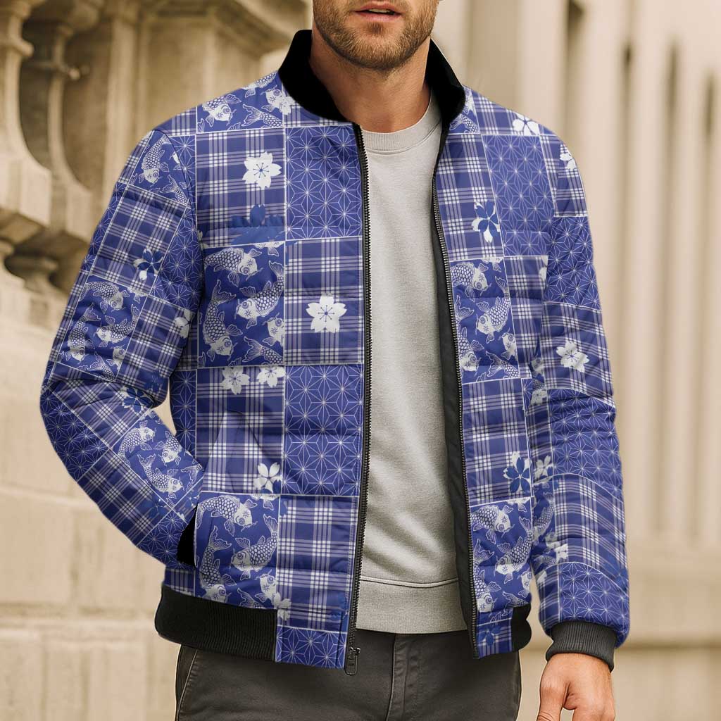 Blue Palaka Japanese Patterns Bomber Puffer Jacket Koi Fish Asanoha Sakura Patchwork Stylized - Polynesian Pride