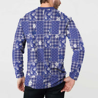 Blue Palaka Japanese Patterns Button Sweatshirt Koi Fish Asanoha Sakura Patchwork Stylized - Polynesian Pride