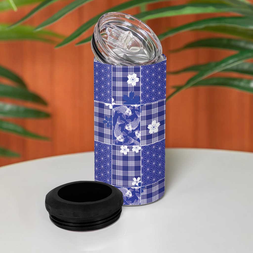 Blue Palaka Japanese Patterns 4 in 1 Can Cooler Tumbler Koi Fish Asanoha Sakura Patchwork Stylized - Polynesian Pride