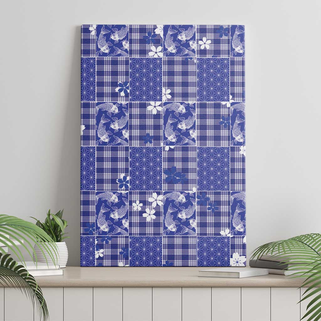 Blue Palaka Japanese Patterns Canvas Wall Art Koi Fish Asanoha Sakura Patchwork Stylized - Polynesian Pride