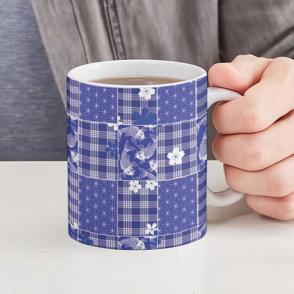 Blue Palaka Japanese Patterns Ceramic Mug Koi Fish Asanoha Sakura Patchwork Stylized - Polynesian Pride
