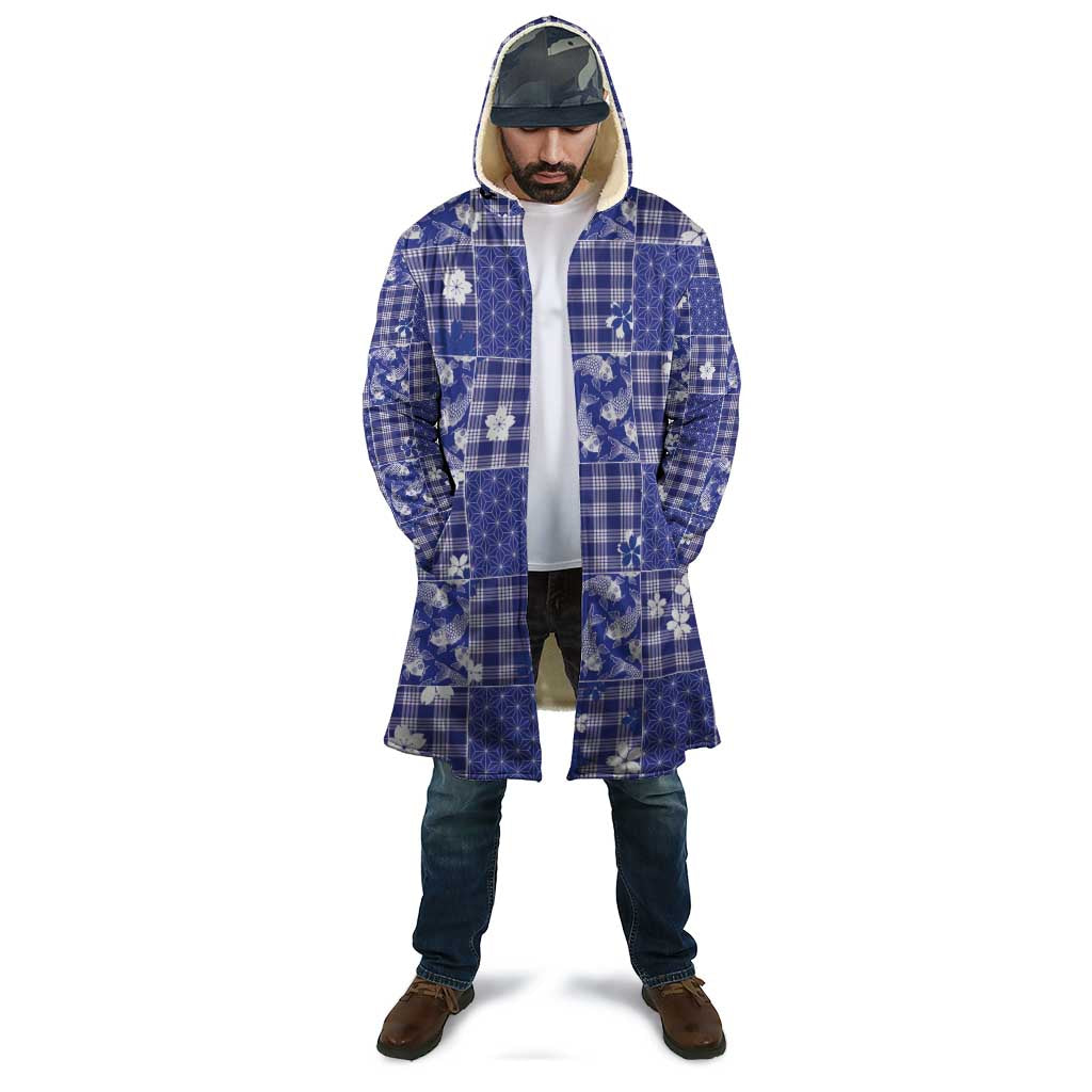 Blue Palaka Japanese Patterns Cloak Koi Fish Asanoha Sakura Patchwork Stylized - Polynesian Pride