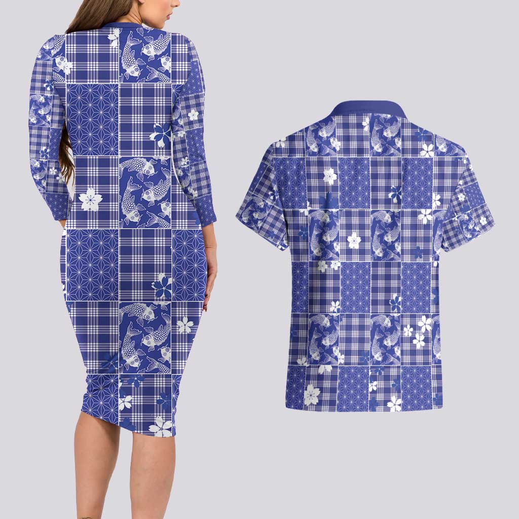 Blue Palaka Japanese Patterns Couples Matching Long Sleeve Bodycon Dress and Hawaiian Shirt Koi Fish Asanoha Sakura Patchwork Stylized - Polynesian Pride