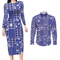 Blue Palaka Japanese Patterns Couples Matching Long Sleeve Bodycon Dress and Long Sleeve Button Shirt Koi Fish Asanoha Sakura Patchwork Stylized - Polynesian Pride