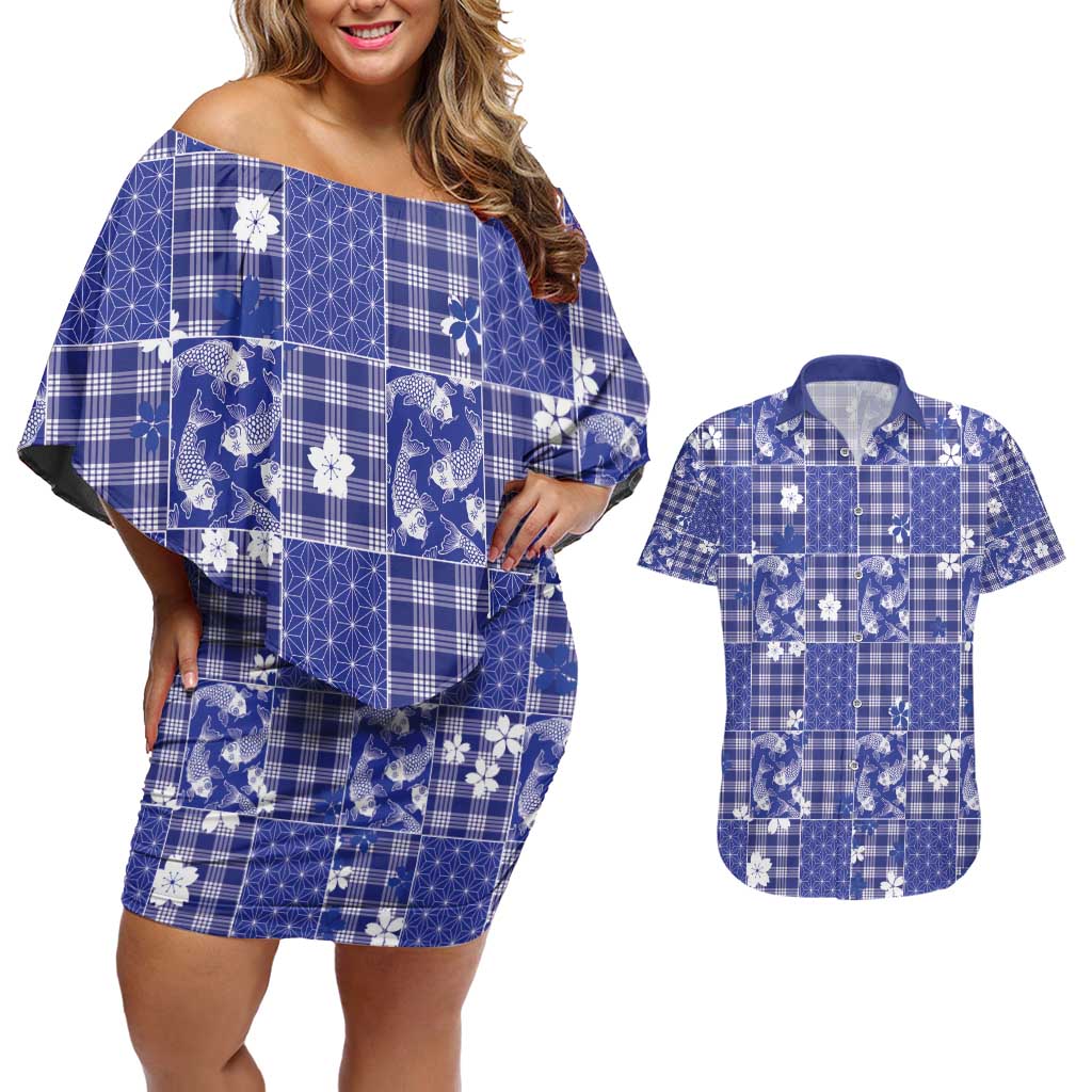 Blue Palaka Japanese Patterns Couples Matching Off Shoulder Short Dress and Hawaiian Shirt Koi Fish Asanoha Sakura Patchwork Stylized - Polynesian Pride