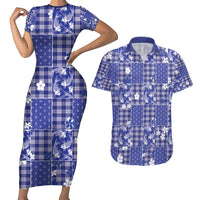 Blue Palaka Japanese Patterns Couples Matching Short Sleeve Bodycon Dress and Hawaiian Shirt Koi Fish Asanoha Sakura Patchwork Stylized - Polynesian Pride