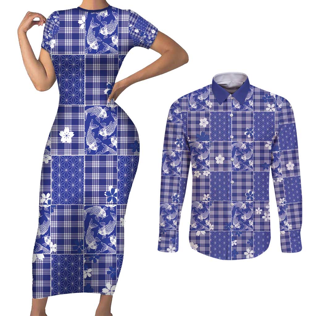 Blue Palaka Japanese Patterns Couples Matching Short Sleeve Bodycon Dress and Long Sleeve Button Shirt Koi Fish Asanoha Sakura Patchwork Stylized - Polynesian Pride