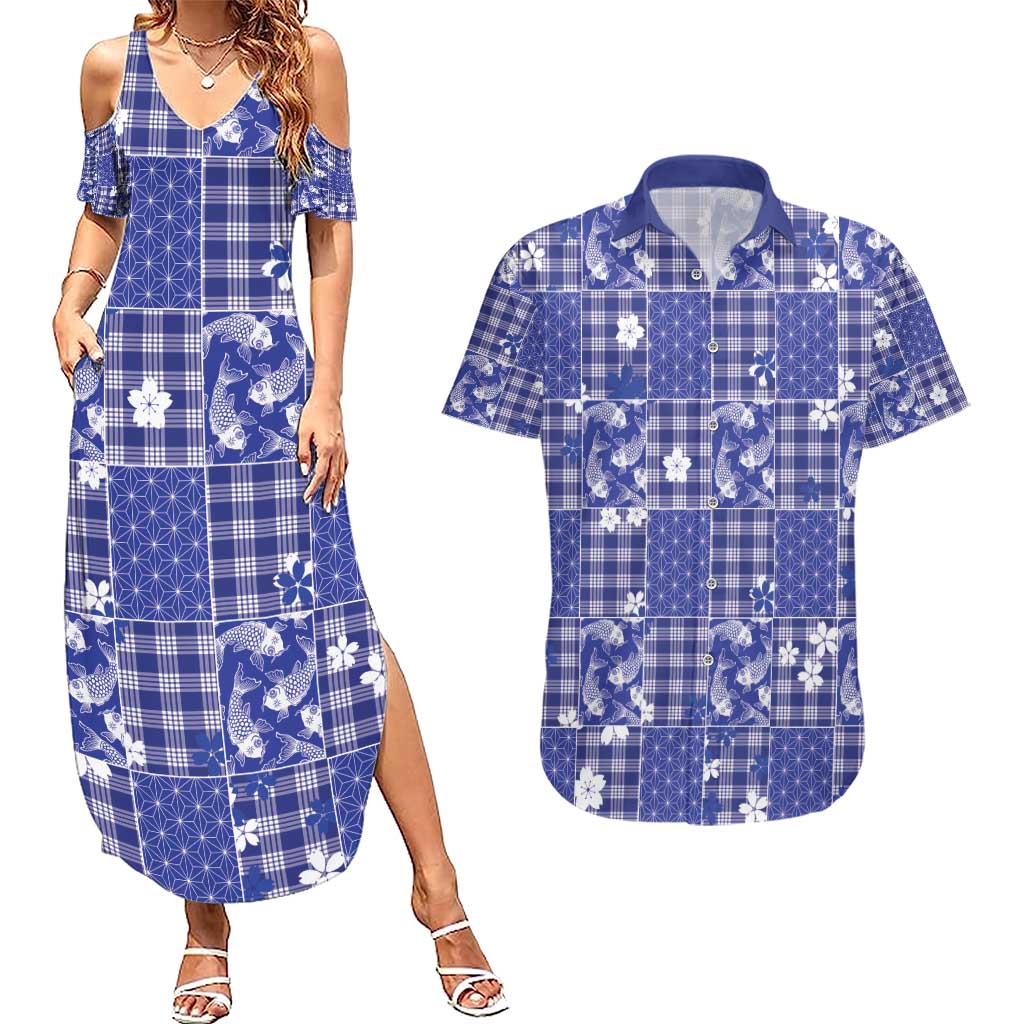 Blue Palaka Japanese Patterns Couples Matching Summer Maxi Dress and Hawaiian Shirt Koi Fish Asanoha Sakura Patchwork Stylized - Polynesian Pride