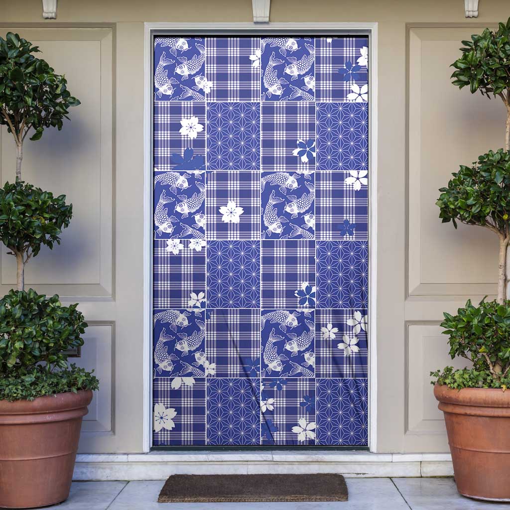Blue Palaka Japanese Patterns Door Cover Koi Fish Asanoha Sakura Patchwork Stylized - Polynesian Pride