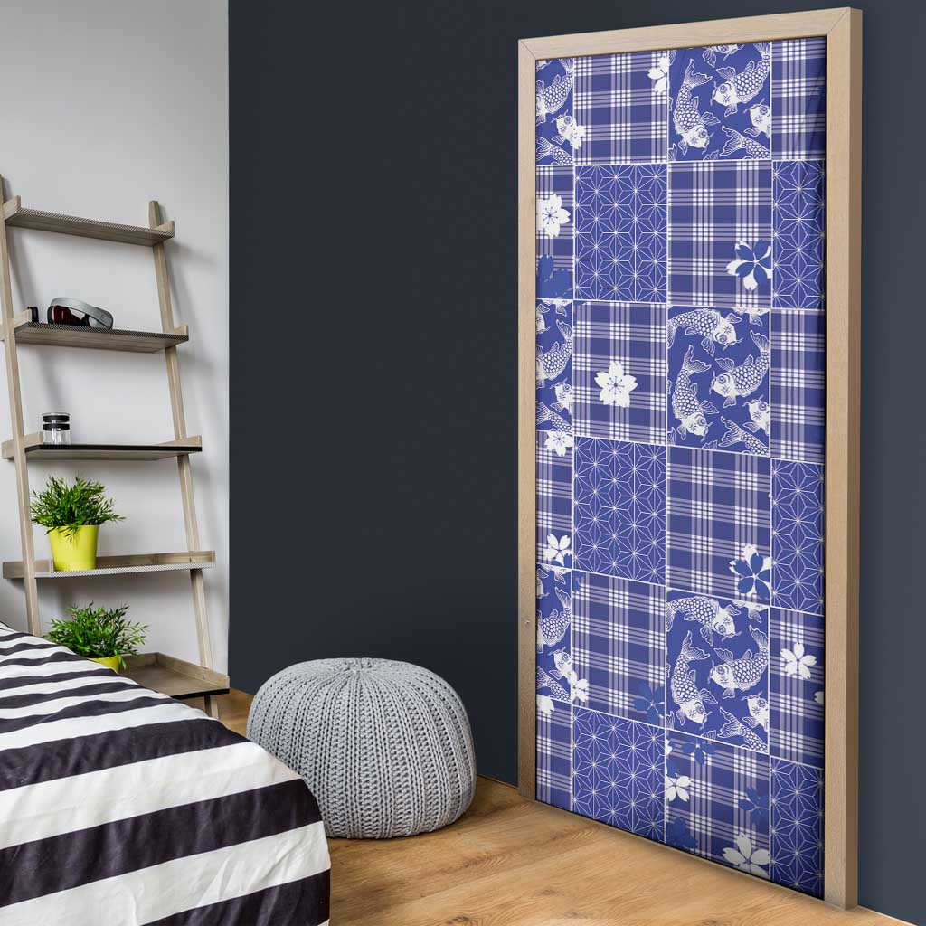 Blue Palaka Japanese Patterns Door Cover Koi Fish Asanoha Sakura Patchwork Stylized - Polynesian Pride