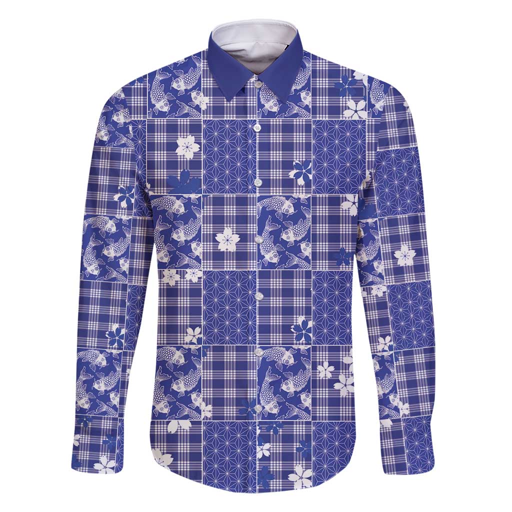 Blue Palaka Japanese Patterns Family Matching Long Sleeve Bodycon Dress and Hawaiian Shirt Koi Fish Asanoha Sakura Patchwork Stylized - Polynesian Pride