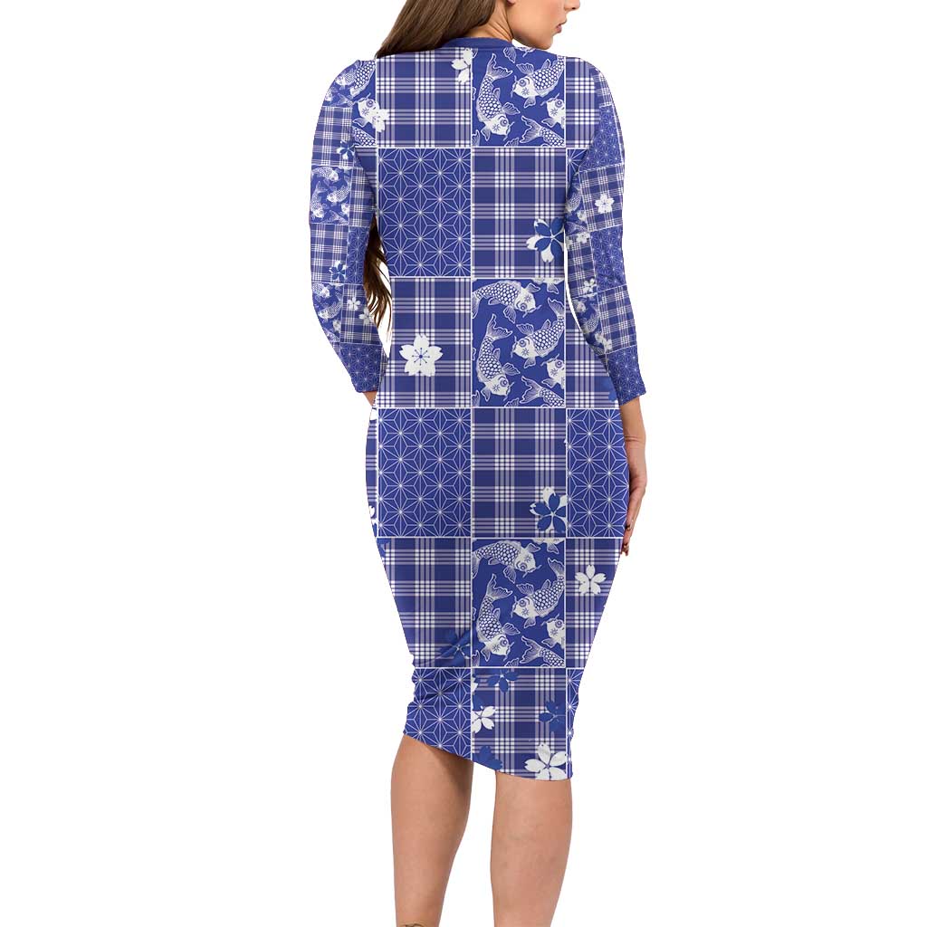 Blue Palaka Japanese Patterns Family Matching Long Sleeve Bodycon Dress and Hawaiian Shirt Koi Fish Asanoha Sakura Patchwork Stylized - Polynesian Pride