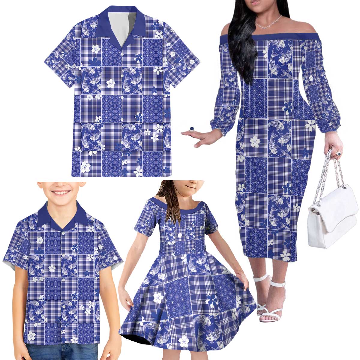 Blue Palaka Japanese Patterns Family Matching Off The Shoulder Long Sleeve Dress and Hawaiian Shirt Koi Fish Asanoha Sakura Patchwork Stylized - Polynesian Pride