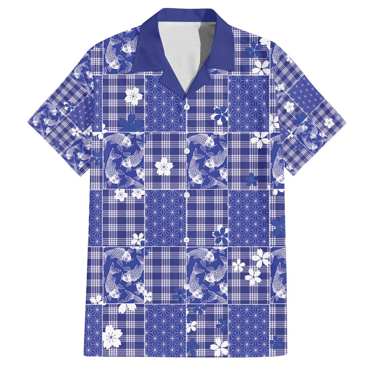 Blue Palaka Japanese Patterns Family Matching Off The Shoulder Long Sleeve Dress and Hawaiian Shirt Koi Fish Asanoha Sakura Patchwork Stylized - Polynesian Pride