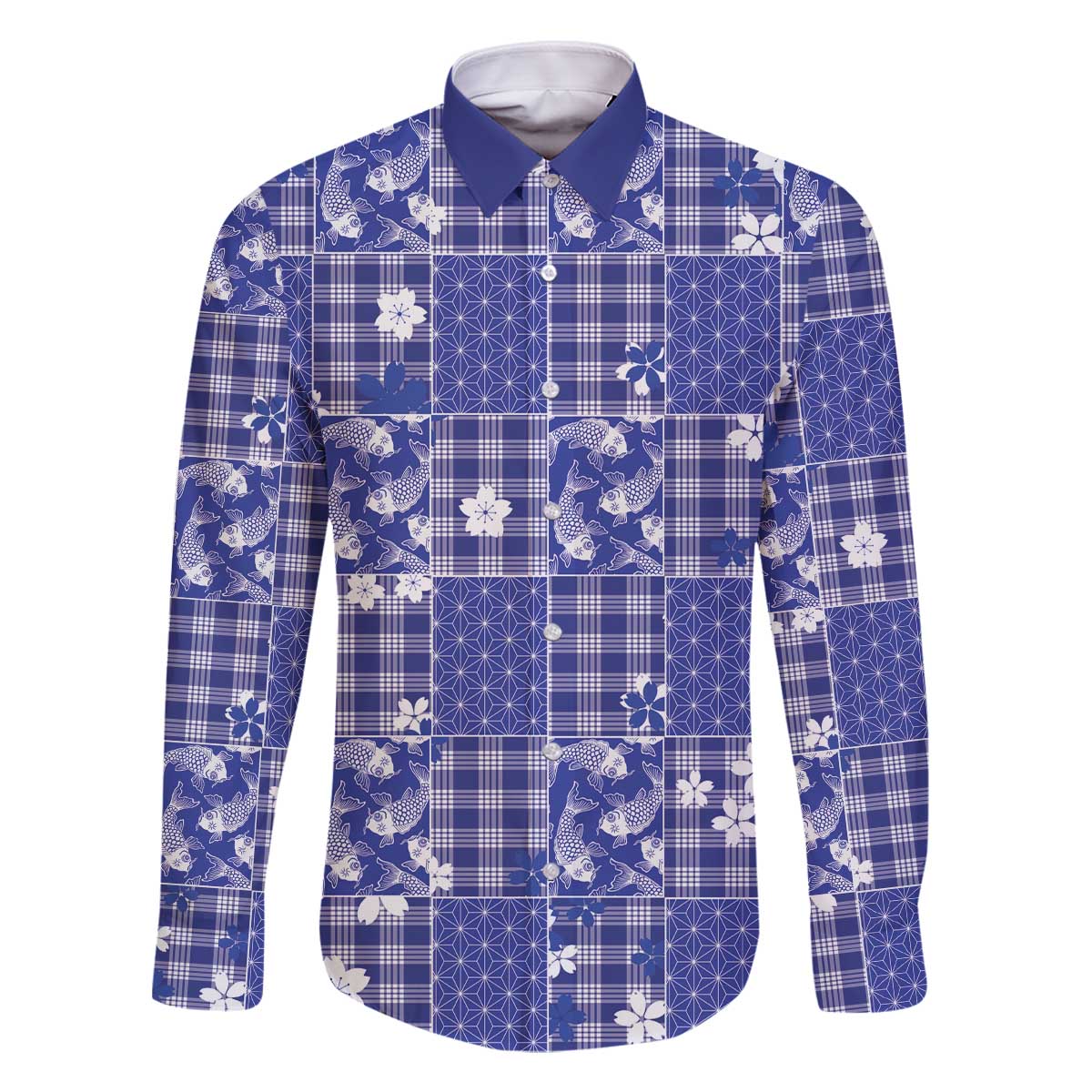 Blue Palaka Japanese Patterns Family Matching Off The Shoulder Long Sleeve Dress and Hawaiian Shirt Koi Fish Asanoha Sakura Patchwork Stylized - Polynesian Pride