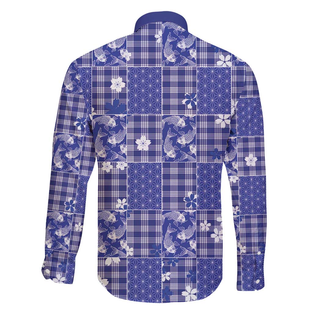 Blue Palaka Japanese Patterns Family Matching Off Shoulder Short Dress and Hawaiian Shirt Koi Fish Asanoha Sakura Patchwork Stylized - Polynesian Pride