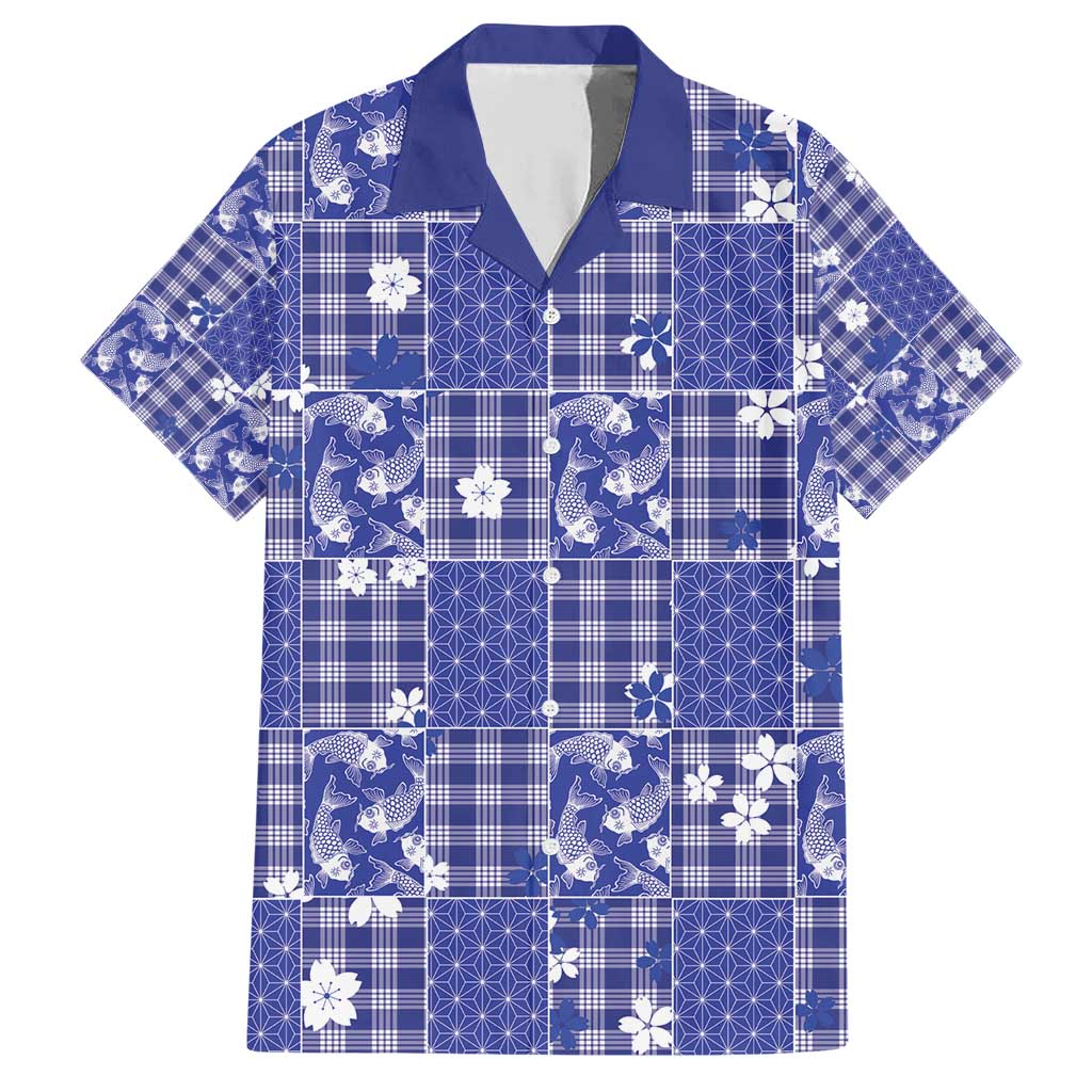 Blue Palaka Japanese Patterns Family Matching Short Sleeve Bodycon Dress and Hawaiian Shirt Koi Fish Asanoha Sakura Patchwork Stylized - Polynesian Pride