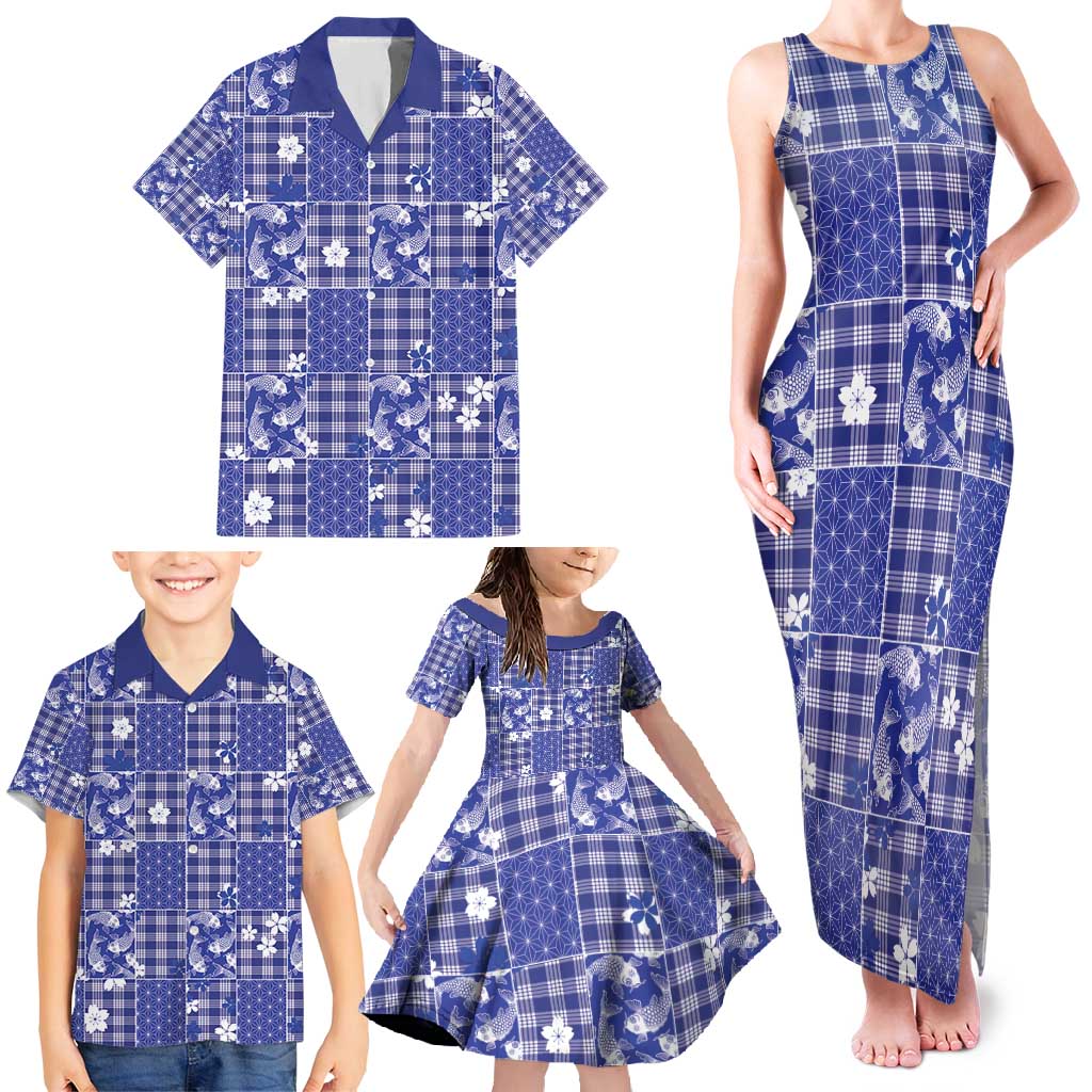 Blue Palaka Japanese Patterns Family Matching Tank Maxi Dress and Hawaiian Shirt Koi Fish Asanoha Sakura Patchwork Stylized - Polynesian Pride