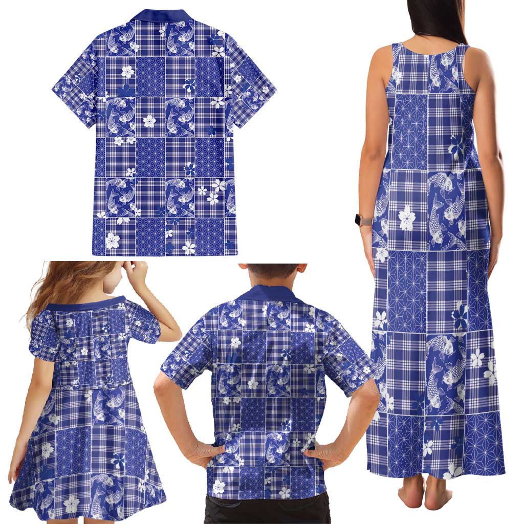 Blue Palaka Japanese Patterns Family Matching Tank Maxi Dress and Hawaiian Shirt Koi Fish Asanoha Sakura Patchwork Stylized - Polynesian Pride