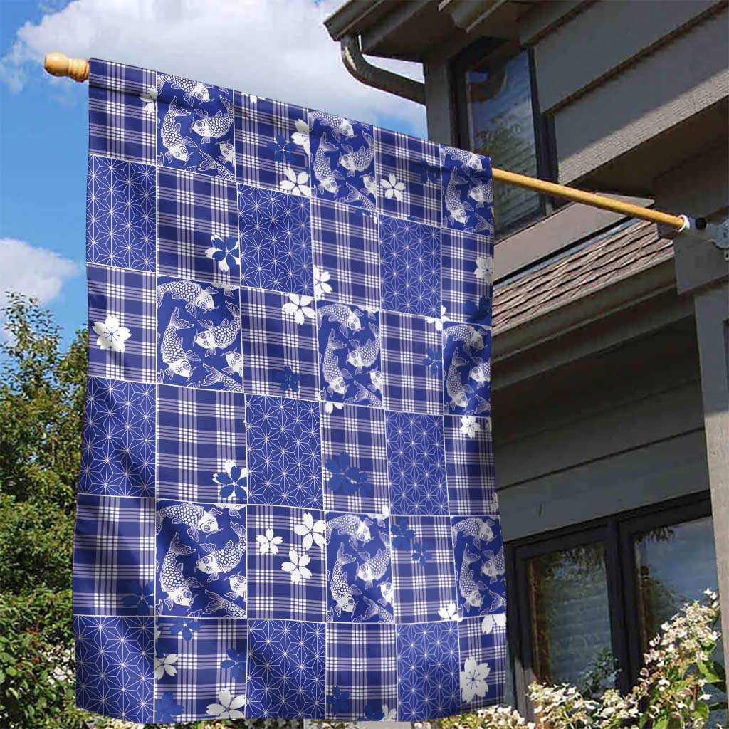 Blue Palaka Japanese Patterns Garden Flag Koi Fish Asanoha Sakura Patchwork Stylized - Polynesian Pride