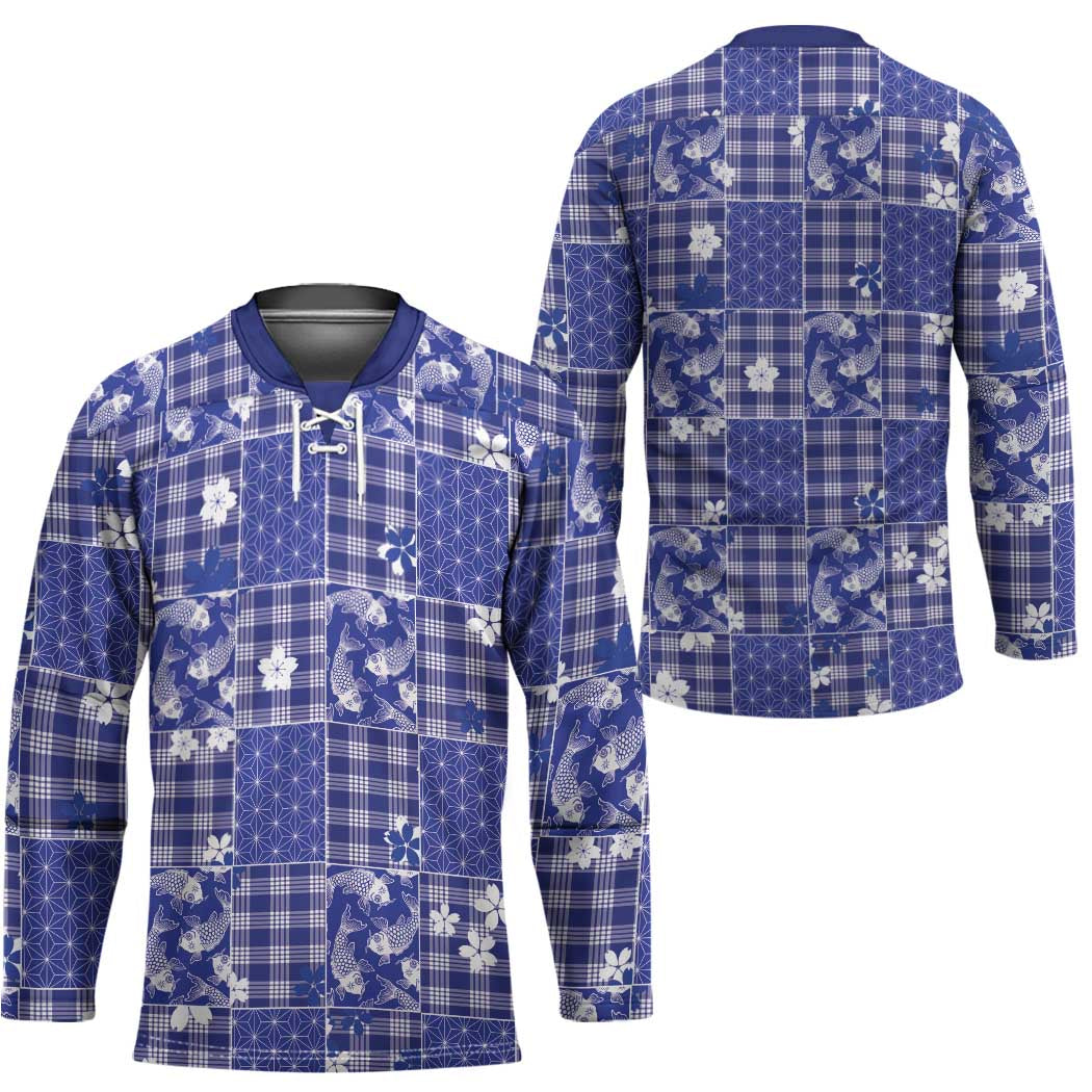 Blue Palaka Japanese Patterns Hockey Jersey Koi Fish Asanoha Sakura Patchwork Stylized - Polynesian Pride