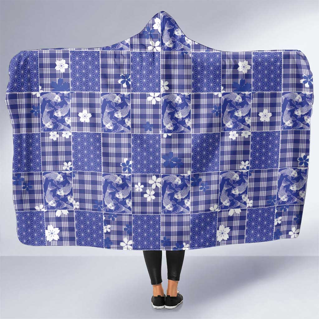 Blue Palaka Japanese Patterns Hooded Blanket Koi Fish Asanoha Sakura Patchwork Stylized - Polynesian Pride