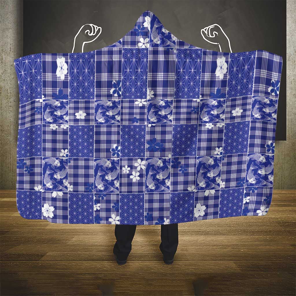 Blue Palaka Japanese Patterns Hooded Blanket Koi Fish Asanoha Sakura Patchwork Stylized - Polynesian Pride